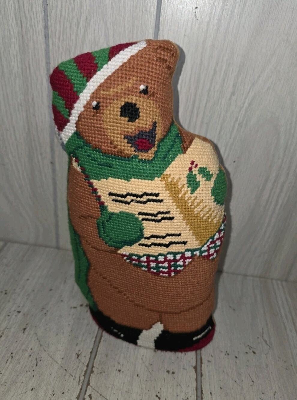 Wool Needlepointe Christmas Teddy Bear Standing Figure Handmade Vintage Holiday